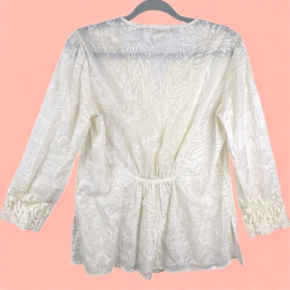 Coldwater Creek Cream Lace Jacquard Blouse Sheer Peasant Tunic Bohemian Sz Small - Picture 2 of 12